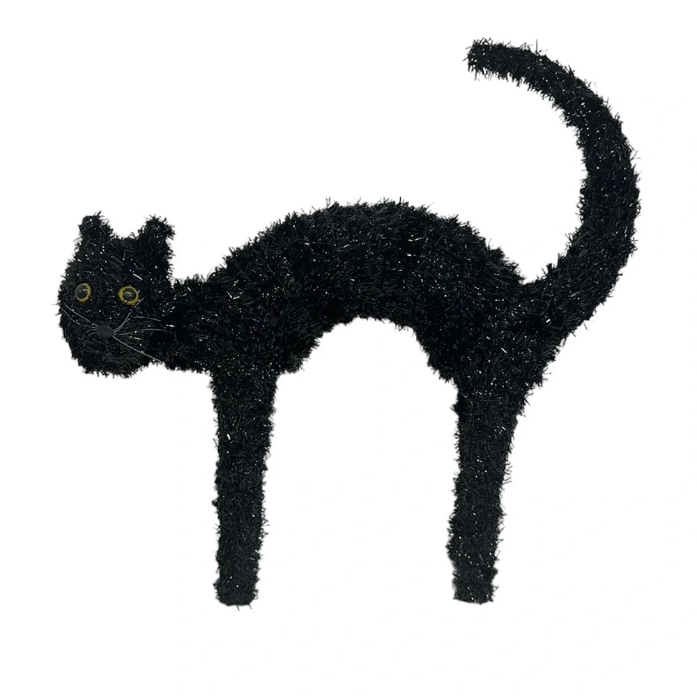 Vintage Halloween Holiday Tinsel Wire Standing Arching Black Cat and SpiderWebs